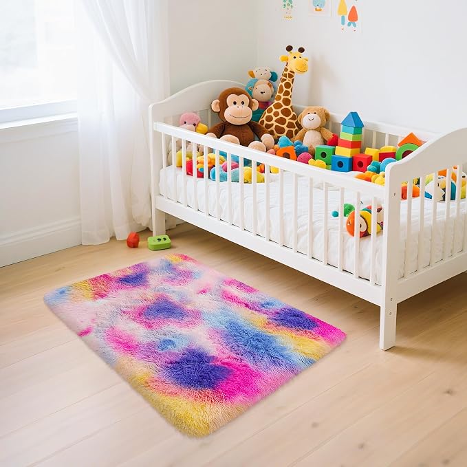 2x3 ft Small Throw Rugs Furry, Non Slip Mini Area Rug, Fluffy Tie-Dyed Rainbow - Image 8