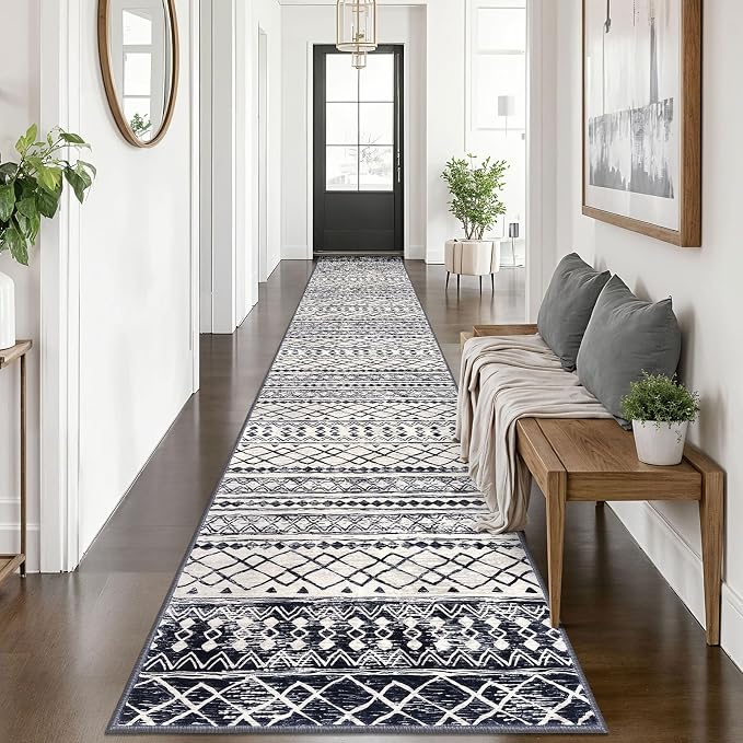 KUTA Boho Runner Rug for Hallway 2.6x14 Moroccan Washable Black Navy Blue Rugs by KUTA
