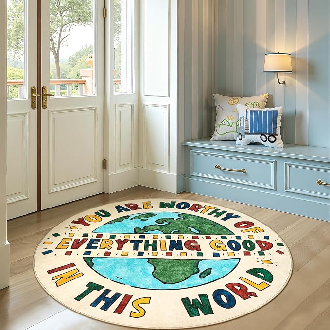 JINCHAN 4ft Round Rug Washable Fun Rug You Are Worthy Playroom Mat Non Slip - Image 3