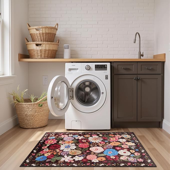 Floral Machine Washable Rug 3x5 Espresso, Non Slip Soft Bedroom Rug - Image 2