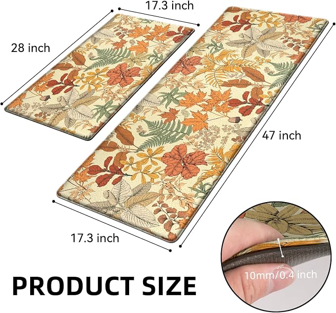 Orange Brown Botanical Kitchen Rugs Set of 2 Fall Maple Anti-Fatigue Kitchen - Image 2