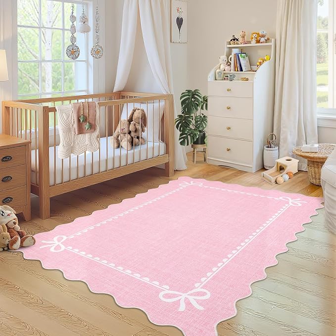 GarveeHome Scalloped Bow Rug for Living Room, Solid Pink Rug for Dorm, Washable - Image 3