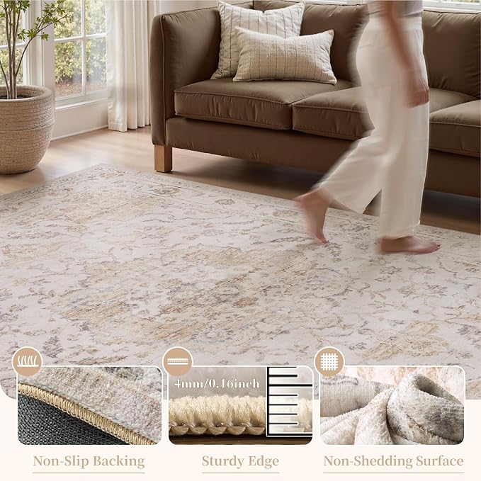 PADOOR 5X7 Area Rug, Rugs for Living Room, Soft Beige Rugs for Bedroom - Image 3