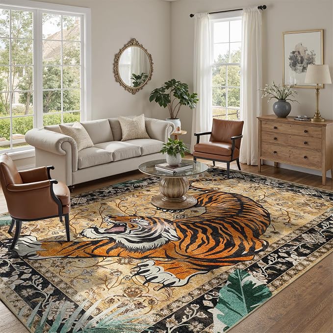 DCX Washable 9x12 Tiger Area Rug, Soft Low Pile Carpet, Kid & Pet Friendly by DCXWashableRug