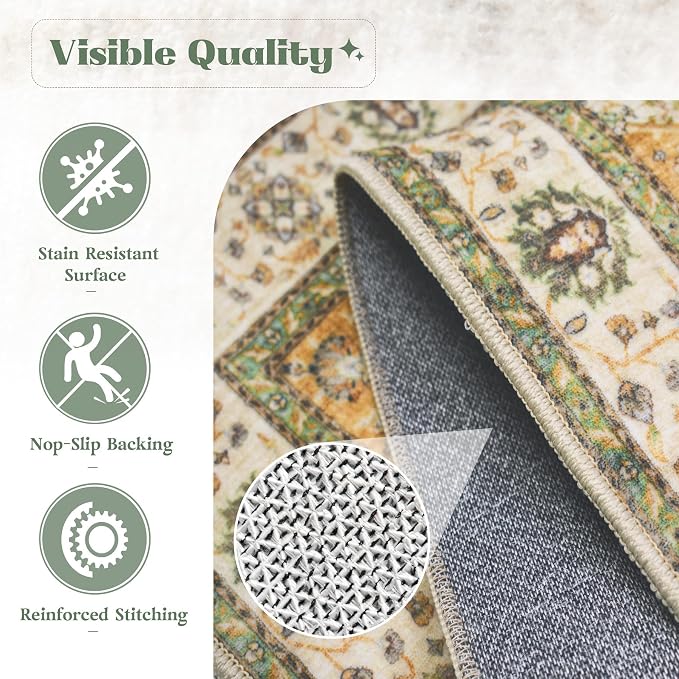 Area Rug 8x10 Washable Rug, Vintage Boho Medallion Rugs Non-Slip Soft Low Pile - Image 7