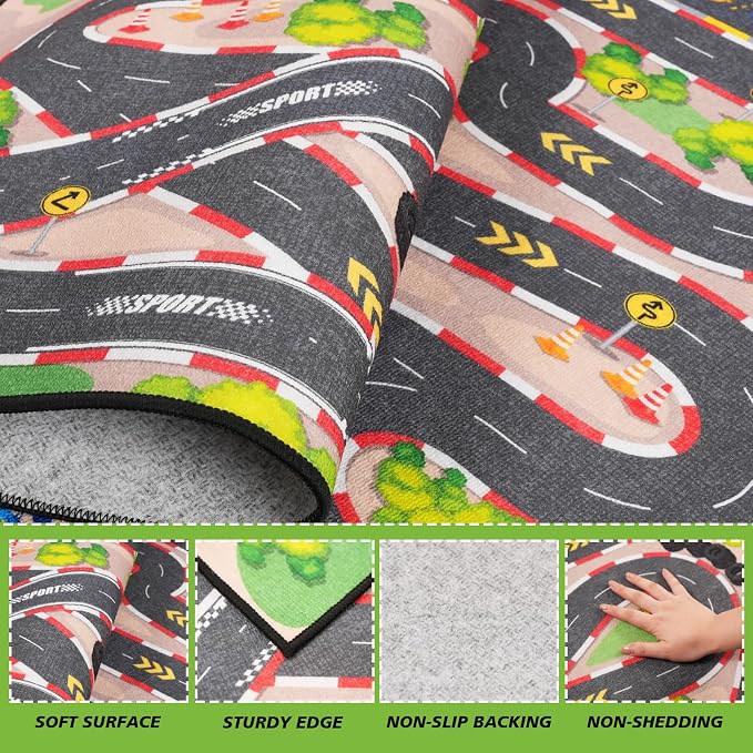 Kids Car Rug Play Mat, 4x6 ft Race Track Road Rug - Image 3