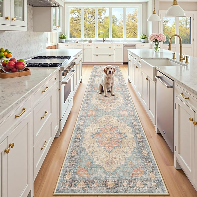 RELEANY Area Rugs Runner 2'x10' Washable Non-Slip, Floral Vintage Distress by RELEANY