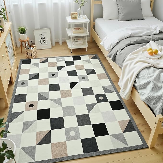 Terrug Grey and Beige Geometric Checkered Rug by TerrugHomeDecor