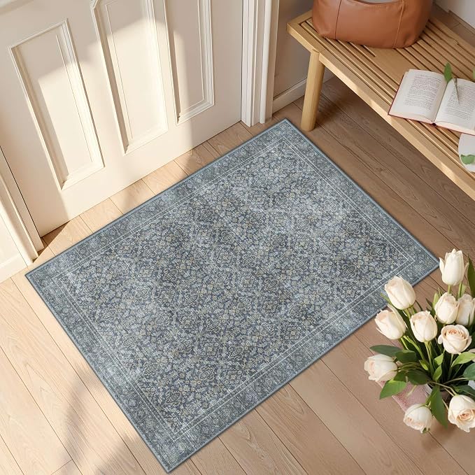 Latte&Fog 2x3 Entryway Rug, Small Vintage Blue Door Mat, Washable Kitchen Rug - Image 2