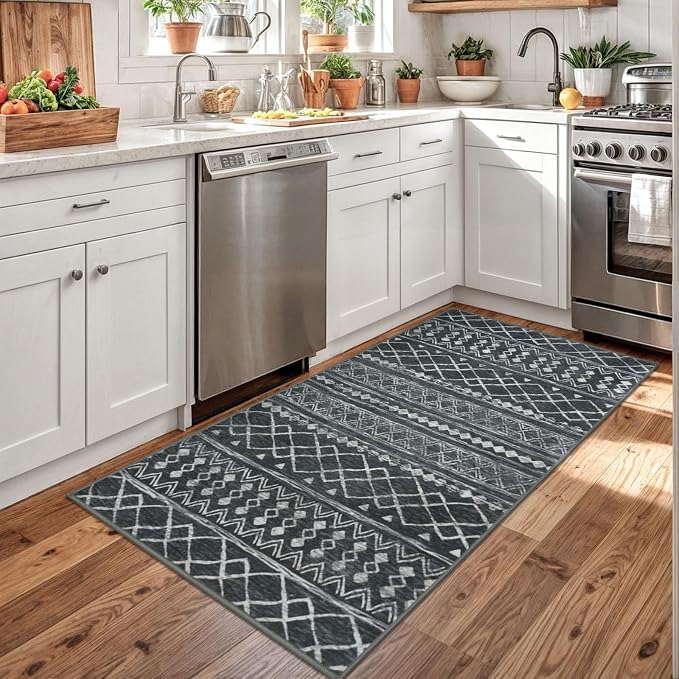 KUTA 3x5 Entryway Rug, Dark Grey Beige Non-Slip Washable Low-Pile Boho Moroccan - Image 2