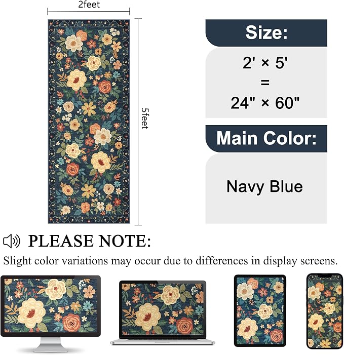 DUKINO 2x5 Runner Rug for Hallway, Washable Kitchen Floral Runner Rug - Image 2