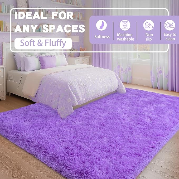 WISH TREE Purple Fluffy Shag Rug 6x9 Ft, Soft Non-Slip Plush Area Rug - Image 2