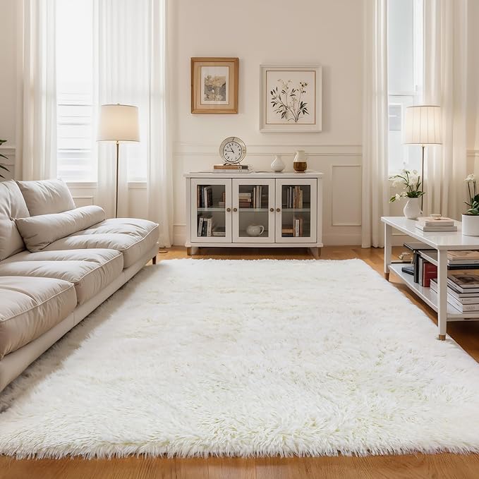 KCHOWUA Cream White Fluffy Shag Rug - Image 7