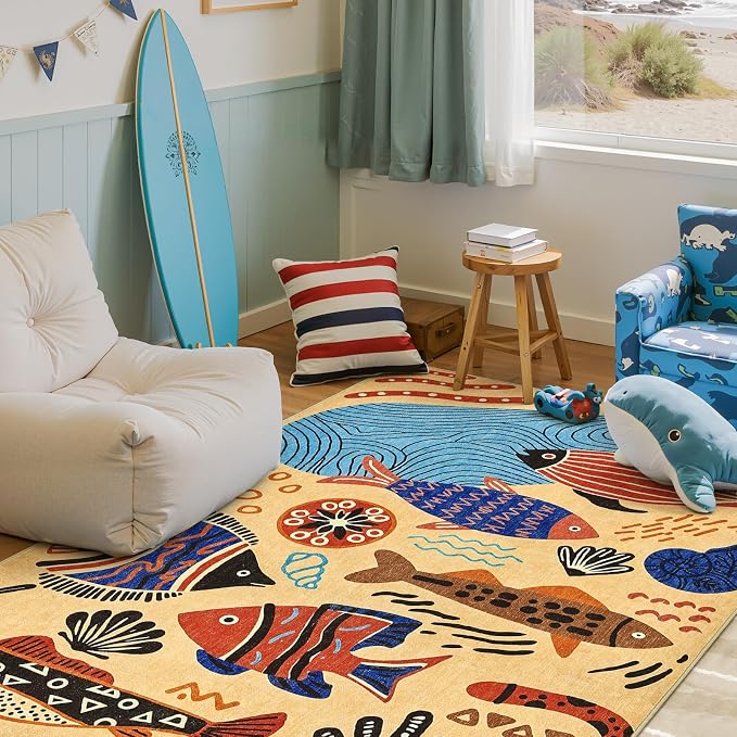 jinchan 5x7 Coastal Area Rug Kids Washable Fun Rug Colorful Ocean Fish Indoor - Image 9