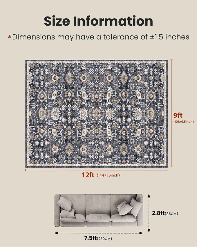 AMADA HOMEFURNISHING 9x12 Washable Area Rug, Low-Profile Large Area Rug - Image 2