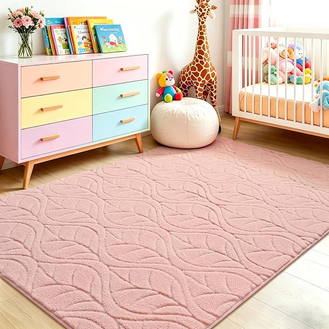 5x7 Pink Washable Area Rug for Bedroom Living Room, Leaf Geometric Patter Shag - Image 5
