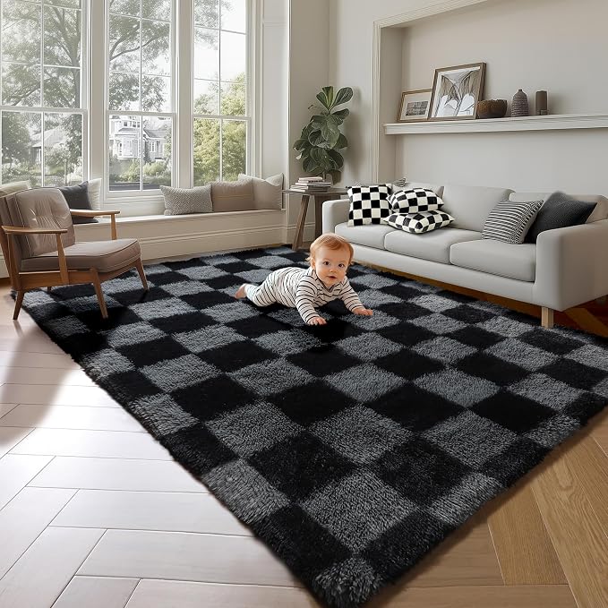 KICMOR Black and Grey Area Rug for Bedroom, 4x6 Fluffy Fuzzy Shag Checkered - Image 7