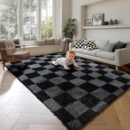 KICMOR Rugs for Living Room 5x7 Black and Grey, Soft Fluffy Checkered Shag Area by KICMOR