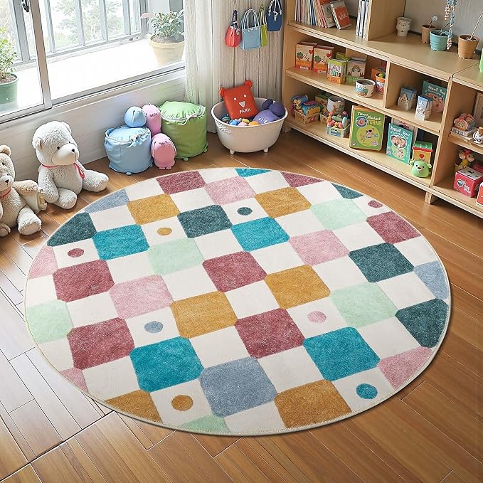 jinchan Macy 4ft Round Rug for Kids Room Modern Colorful Checkered Diamond by JINCHAN