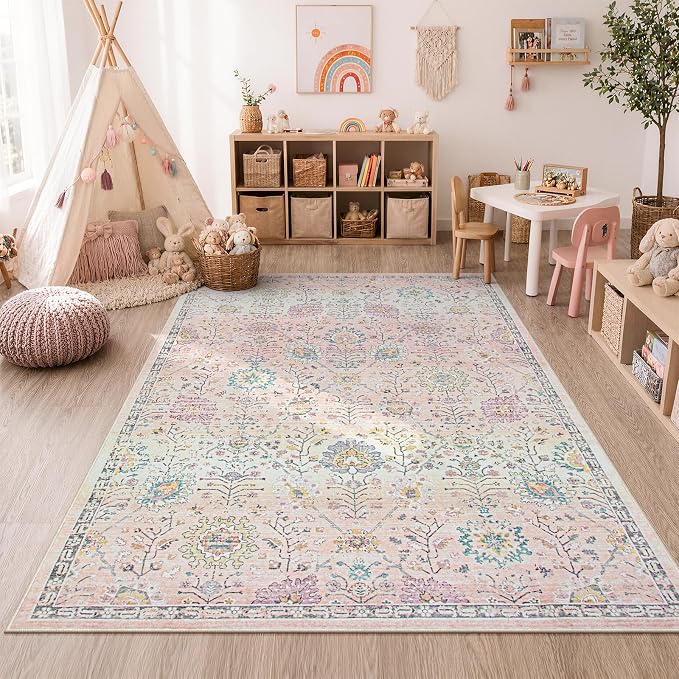 Lahome Girls Bedroom Pink Rug 6x9, Soft Washable Floral Area Rug, Non Slip - Image 7