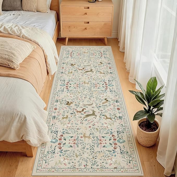 Runner Rug Washable Runners Kitchen Rugs Non Slip Neutral Floral Carpet Low Pile - Image 3
