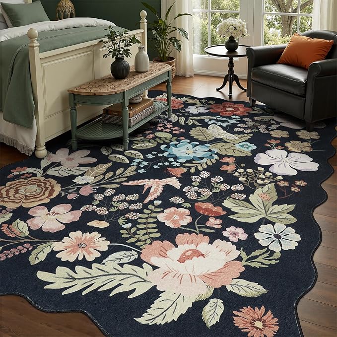 DCX Black Floral Rug 8x10, Washable Black Rug - Image 3