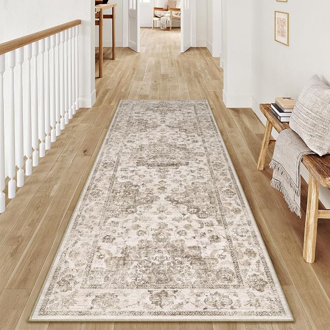 2x6 Washable Neutral Runner Rug Brown Vintage Hallway Kitchen Carpet Non-Slip - Image 3