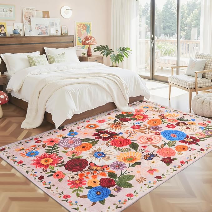 Blush Floral Washable 6x9 Area Rug, Soft Bedroom Rug - Image 6