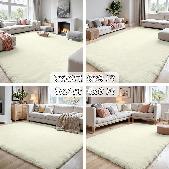 8x10 Area Rugs for Living Room Rug: Soft Fluffy Shag Cream White Rugs for - Image 7