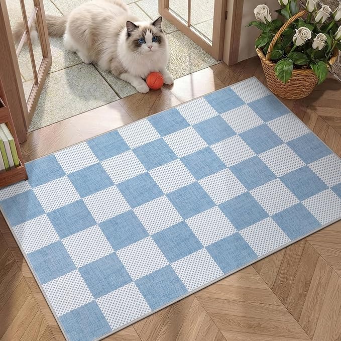 GarveeHome Checkered Light Blue and White 2x6 Washable Kitchen Runner Rug - Image 3