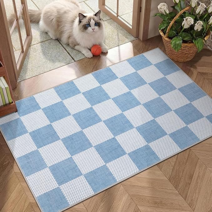 GarveeHome Checkered Light Blue and White 5x7 Washable Rug Geometric Diamond - Image 4