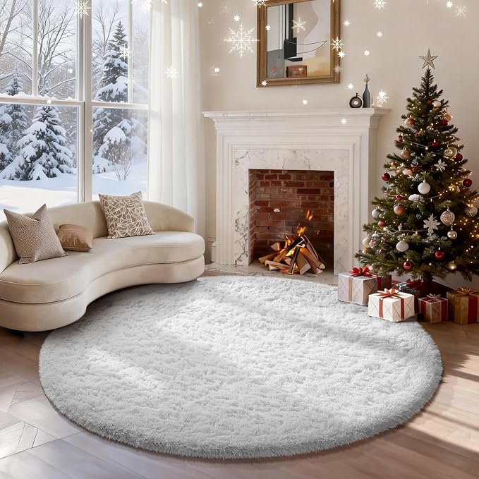 Ophanie Round Rug 5Ft White Circle Area Rug, Aesthetic Room Decor, Fluffy Fuzzy by Ophanie