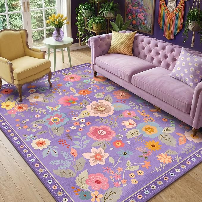 RELEANY Floral 6x9 Area Rugs Washable Print Boho Cute Carpet Non Slip Flower by RELEANY