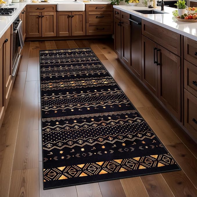 SERISSA 2x5 Kitchen Runner Rug, Washable Non-Slip Black and Gold Boho Rug by SERISSAHomeDecorCollection