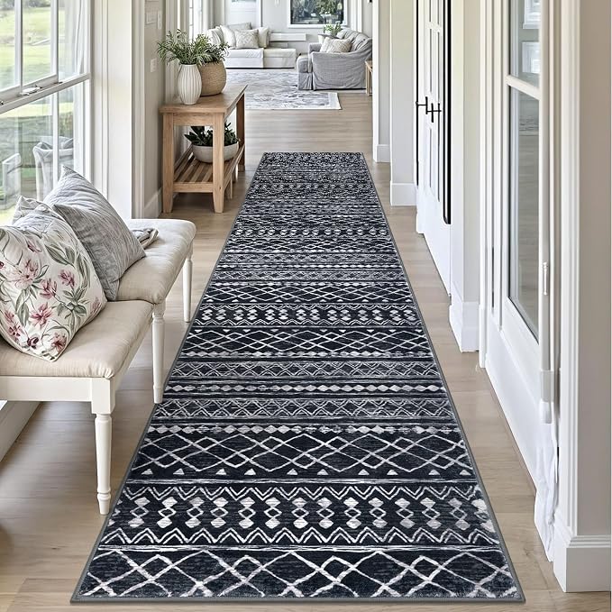 KUTA Moroccan Boho Runner Rug 2.6x10 Non-Slip Vintage Black Washable Hallway - Image 3