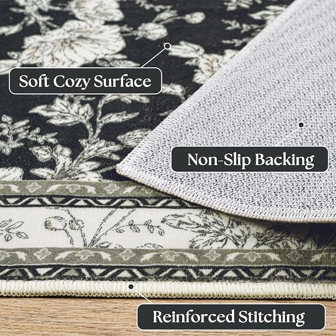 Black Floral Area Rugs 6x9 Living Room, Vintage Modern Farmhouse Boho Indoor - Image 3