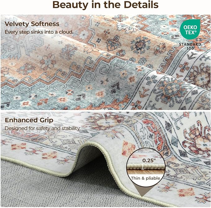 Vintage Area Rugs 9x12 Living Room, Large Washable Rug, Boho Carpet, Non Slip & - Image 3