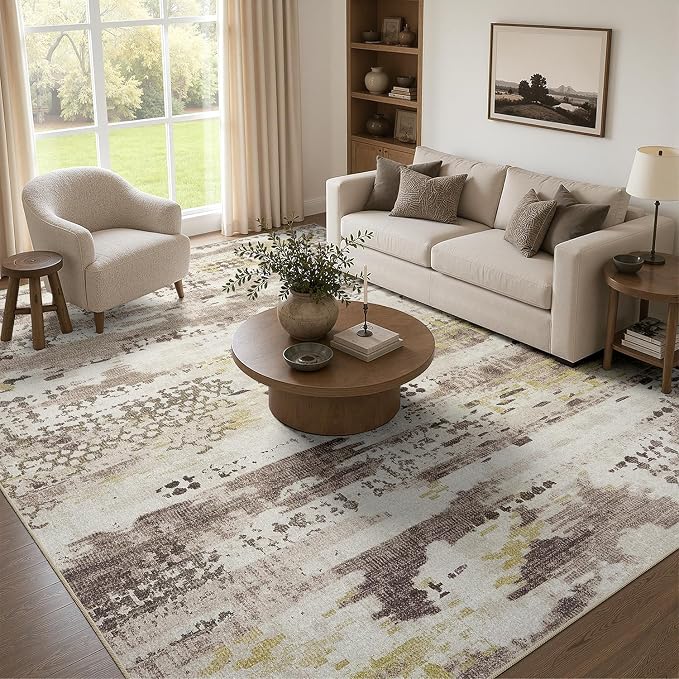 DCX Abstract Area Rug 9x12, Washable Brown Modern Rug by DCXWashableRug