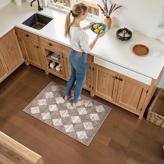 Lahome Checkered Bathroom Rug 2x3 Beige, Non Slip Washable Door Kitchen Mat - Image 2
