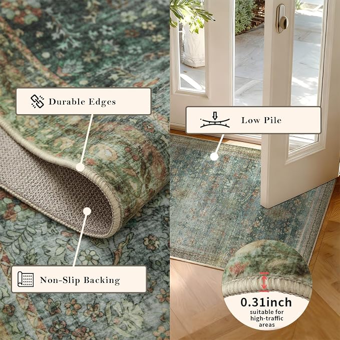 Latte&Fog 5x7 Area Rugs for Living Room, Vintage Green Washable Rug, Floral - Image 7