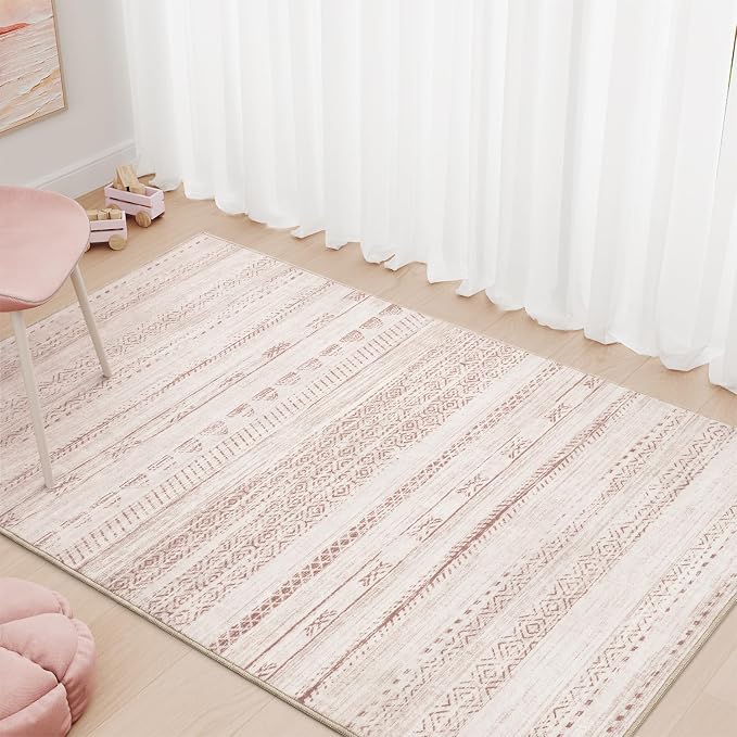 3x5 Pink Area Rug Machine Washable Non Slip Rug Distressed Neutral Moroccan by Tchdio