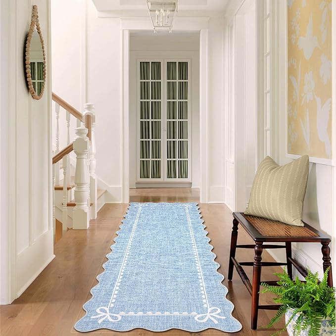 GarveeHome Scalloped Bow Rug for Living Room, Solid Blue Rug for Dorm, Washable - Image 3