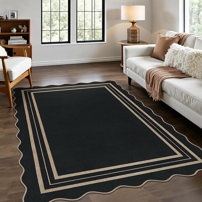 Modern Easy Jute 4x6 Outdoor Patio Rug, Washable Indoor Black Kitchen Rugs by LORWER