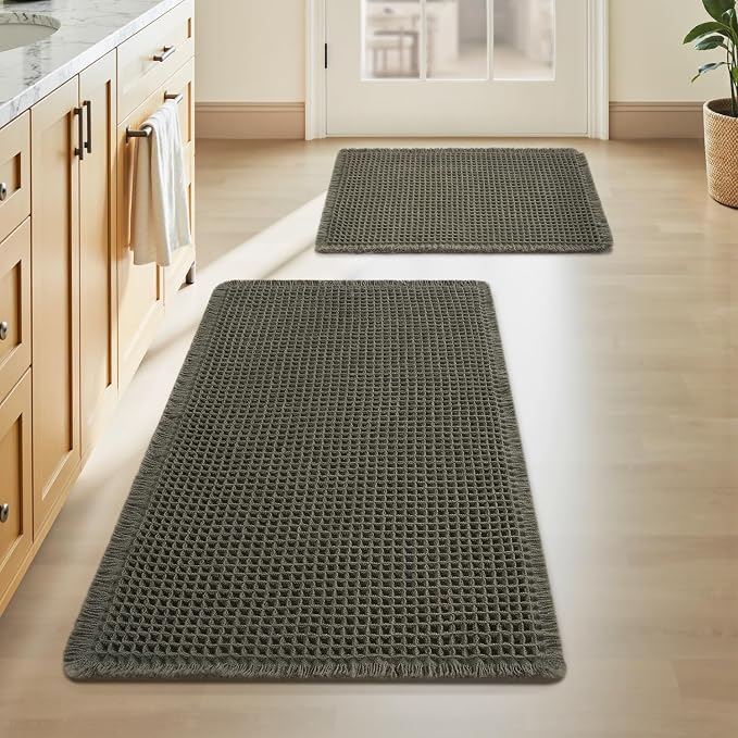 Upgraded Waffle Bath Mat Set of 2, Super Absorbent Non Slip Bath Mats by AMOAMI