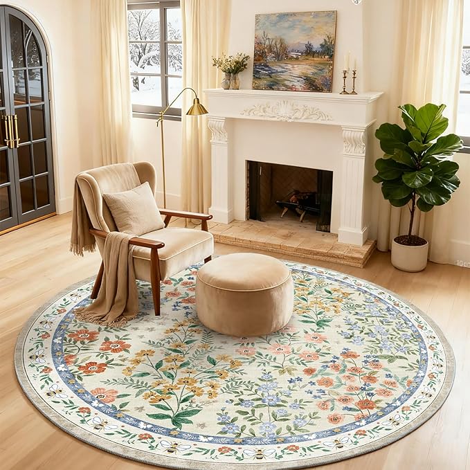 Washable Round Rugs for Bedroom 4ft: Living Room Rug Stain Resistant Non Slip by palohom