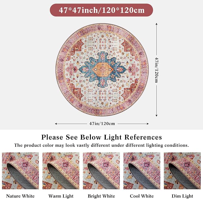 Moynesa Ultra-Thin Washable Round Rug - 4ft Pink Oriental Circle Area Rugs - Image 2