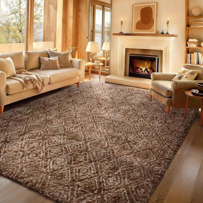 Ophanie 9x12 Brown and White Diamond Striped Rugs by Ophanie
