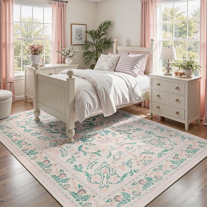 DCX 6x9 Pink Rug, Floral Rug for Girl’s Bedroom, Cute Soft Low Pile Non Slip - Image 3