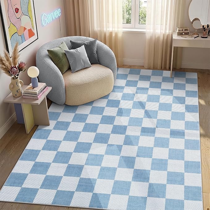 GarveeHome Checkered Light Blue and White 4x6 Washable Rug Geometric Diamond by GarveeHome