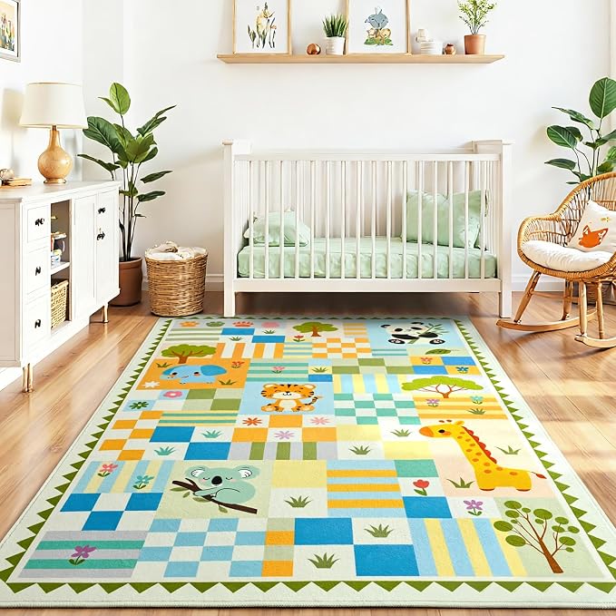 3x4 Washable Kid Playroom Rug, Unisex Green Safari Jungle Woodland Animal - Image 2